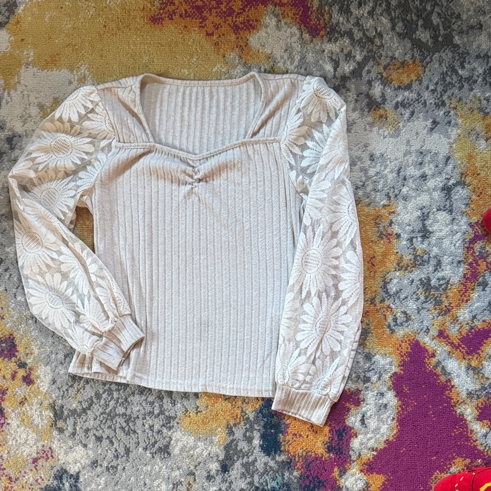 SHEIN Cream Floral Long Sleeve Blouse